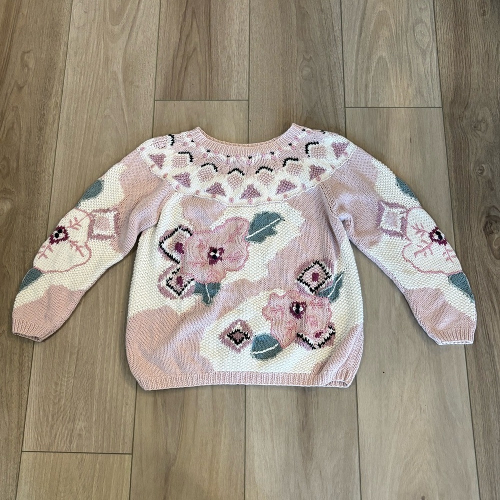 Vtg Jennifer Reed Hand Knit Pink Floral Cottage Granny Cotton Blend Sweater Sz L